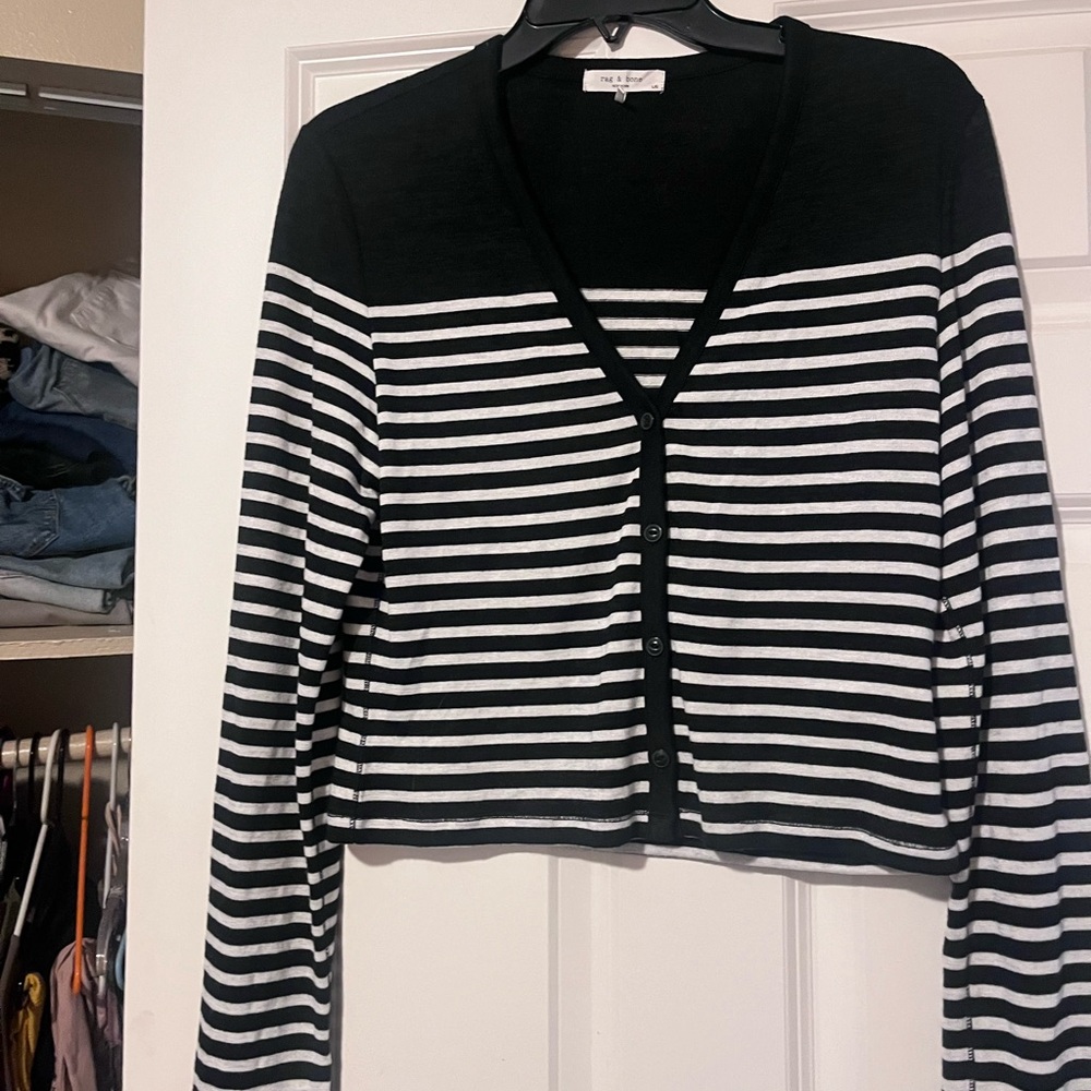 rag & bone Black and White Striped V-Neck Cardigan